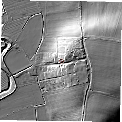 Shaded relief map of the ground around YO176UZ, computed from Environment Agency LiDAR. The ground here sits at about 35 m above sea level and falls 20 m across the surrounding 800 m. Surface water reaching this point runs off ground lying to the east-north-east, 10.7 m higher.