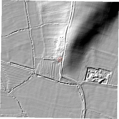 Shaded relief map of the ground around YO176XB, computed from Environment Agency LiDAR. The ground here sits at about 26 m above sea level and falls 16 m across the surrounding 800 m. Surface water reaching this point runs off ground lying to the north-east, 6.6 m higher.