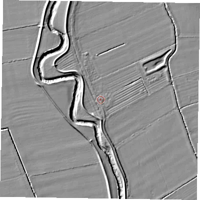 Shaded relief map of the ground around YO176XD, computed from Environment Agency LiDAR. The ground here sits at about 25 m above sea level and falls 5 m across the surrounding 800 m. Surface water reaching this point runs off ground lying to the north-west, 2.3 m higher.