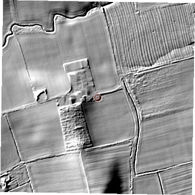 Shaded relief map of the ground around YO176XE, computed from Environment Agency LiDAR. The ground here sits at about 27 m above sea level and falls 11 m across the surrounding 800 m. Surface water reaching this point runs off ground lying to the west-south-west, 4.8 m higher.