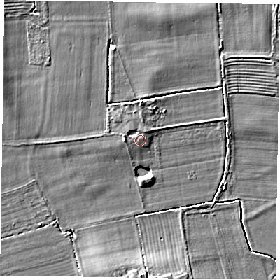 Shaded relief map of the ground around YO176XF, computed from Environment Agency LiDAR. The ground here sits at about 25 m above sea level and falls 4 m across the surrounding 800 m. Surface water reaching this point runs off ground lying to the west, 1.0 m higher.