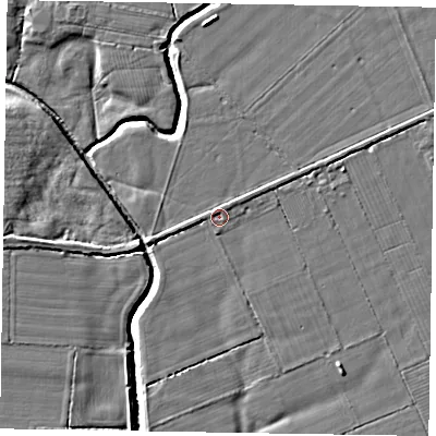 Shaded relief map of the ground around YO176XR, computed from Environment Agency LiDAR. The ground here sits at about 22 m above sea level and falls 5 m across the surrounding 800 m. Surface water reaching this point runs off ground lying to the north, 0.6 m higher.