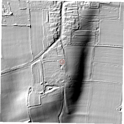 Shaded relief map of the ground around YO176XT, computed from Environment Agency LiDAR. The ground here sits at about 40 m above sea level and falls 20 m across the surrounding 800 m. Surface water reaching this point runs off ground lying to the south, 1.1 m higher.