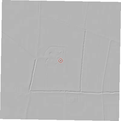 Shaded relief map of the ground around YO176XU, computed from Environment Agency LiDAR. The ground here sits at about 22 m above sea level and falls 2 m across the surrounding 800 m. Surface water reaching this point runs off ground lying to the north, 0.6 m higher.