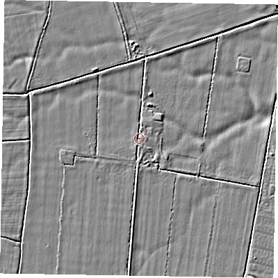 Shaded relief map of the ground around YO176XY, computed from Environment Agency LiDAR. The ground here sits at about 23 m above sea level and falls 3 m across the surrounding 800 m. Surface water reaching this point runs off ground lying to the south, 1.0 m higher.