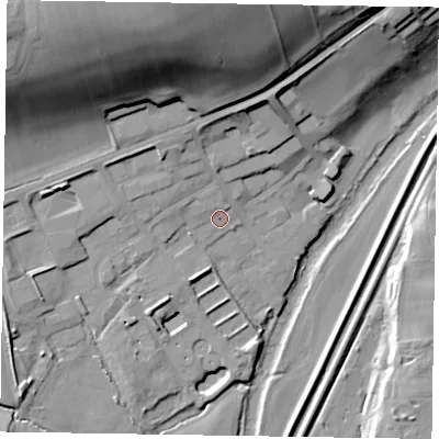 Shaded relief map of the ground around YO176YB, computed from Environment Agency LiDAR. The ground here sits at about 20 m above sea level and falls 39 m across the surrounding 800 m. Surface water reaching this point runs off ground lying to the north-north-west, 1.6 m higher.