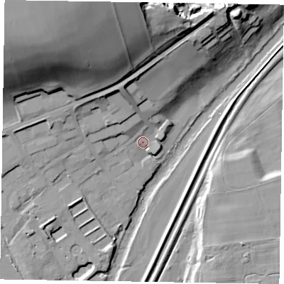 Shaded relief map of the ground around YO176YF, computed from Environment Agency LiDAR. The ground here sits at about 20 m above sea level and falls 40 m across the surrounding 800 m. Surface water reaching this point runs off ground lying to the north-west, 1.9 m higher.