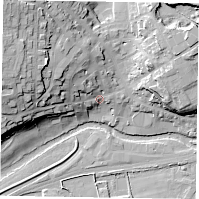 Shaded relief map of the ground around YO177AA, computed from Environment Agency LiDAR. The ground here sits at about 24 m above sea level and falls 36 m across the surrounding 800 m. Surface water reaching this point runs off ground lying to the west-north-west, 15.3 m higher.