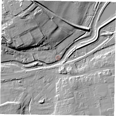 Shaded relief map of the ground around YO177DS, computed from Environment Agency LiDAR. The ground here sits at about 18 m above sea level and falls 24 m across the surrounding 800 m. Surface water reaching this point runs off ground lying to the south-east, 9.9 m higher.