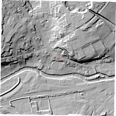 Shaded relief map of the ground around YO177DT, computed from Environment Agency LiDAR. The ground here sits at about 24 m above sea level and falls 30 m across the surrounding 800 m. Surface water reaching this point runs off ground lying to the north-north-east, 9.7 m higher.