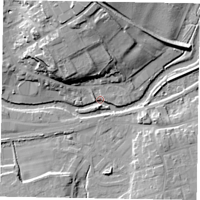 Shaded relief map of the ground around YO177DU, computed from Environment Agency LiDAR. The ground here sits at about 18 m above sea level and falls 24 m across the surrounding 800 m. Surface water reaching this point runs off ground lying to the north-north-west, 21.0 m higher.