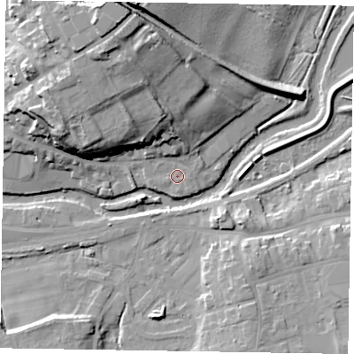 Shaded relief map of the ground around YO177DW, computed from Environment Agency LiDAR. The ground here sits at about 19 m above sea level and falls 24 m across the surrounding 800 m. Surface water reaching this point runs off ground lying to the north-west, 2.4 m higher.
