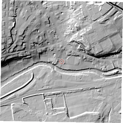 Shaded relief map of the ground around YO177DY, computed from Environment Agency LiDAR. The ground here sits at about 19 m above sea level and falls 31 m across the surrounding 800 m. Surface water reaching this point runs off ground lying to the north-west, 27.9 m higher.