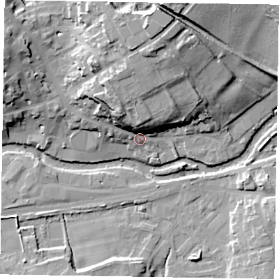 Shaded relief map of the ground around YO177DZ, computed from Environment Agency LiDAR. The ground here sits at about 21 m above sea level and falls 24 m across the surrounding 800 m. Surface water reaching this point runs off ground lying to the north, 16.3 m higher.