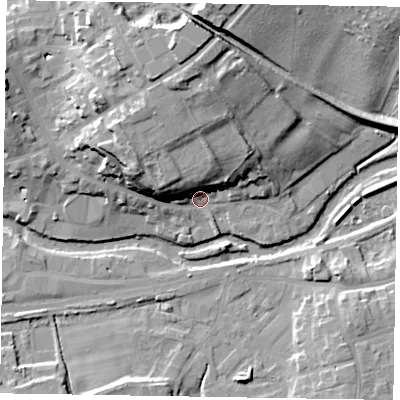 Shaded relief map of the ground around YO177EA, computed from Environment Agency LiDAR. The ground here sits at about 19 m above sea level and falls 24 m across the surrounding 800 m. Surface water reaching this point runs off ground lying to the north-north-west, 17.5 m higher.