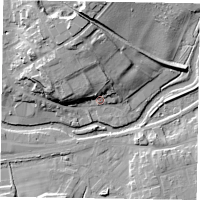 Shaded relief map of the ground around YO177EB, computed from Environment Agency LiDAR. The ground here sits at about 21 m above sea level and falls 24 m across the surrounding 800 m. Surface water reaching this point runs off ground lying to the north-north-west, 17.6 m higher.