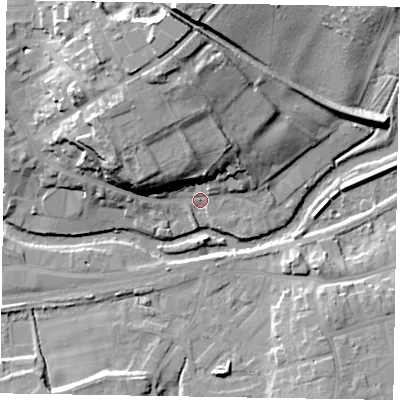 Shaded relief map of the ground around YO177ED, computed from Environment Agency LiDAR. The ground here sits at about 19 m above sea level and falls 24 m across the surrounding 800 m. Surface water reaching this point runs off ground lying to the north-north-west, 19.2 m higher.