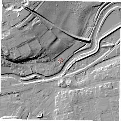 Shaded relief map of the ground around YO177EE, computed from Environment Agency LiDAR. The ground here sits at about 19 m above sea level and falls 24 m across the surrounding 800 m. Surface water reaching this point runs off ground lying to the north-west, 18.9 m higher.