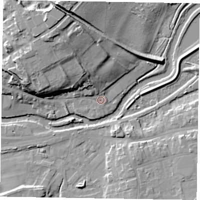 Shaded relief map of the ground around YO177EF, computed from Environment Agency LiDAR. The ground here sits at about 19 m above sea level and falls 24 m across the surrounding 800 m. Surface water reaching this point runs off ground lying to the north-west, 18.7 m higher.