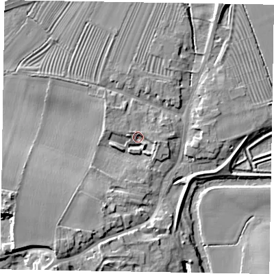 Shaded relief map of the ground around YO177FY, computed from Environment Agency LiDAR. The ground here sits at about 21 m above sea level and falls 16 m across the surrounding 800 m. Surface water reaching this point runs off ground lying to the south-west, 10.8 m higher.