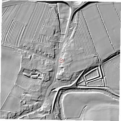 Shaded relief map of the ground around YO177HD, computed from Environment Agency LiDAR. The ground here sits at about 20 m above sea level and falls 13 m across the surrounding 800 m. Surface water reaching this point runs off ground lying to the south-west, 13.4 m higher.