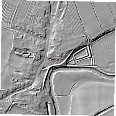 Shaded relief map of the ground around YO177HQ, computed from Environment Agency LiDAR. The ground here sits at about 20 m above sea level and falls 12 m across the surrounding 800 m. Surface water reaching this point runs off ground lying to the west-south-west, 11.5 m higher.