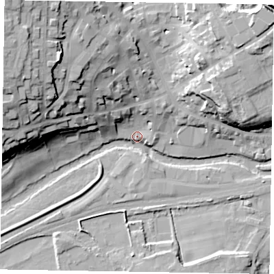 Shaded relief map of the ground around YO177NP, computed from Environment Agency LiDAR. The ground here sits at about 19 m above sea level and falls 34 m across the surrounding 800 m. Surface water reaching this point runs off ground lying to the north-west, 34.2 m higher.