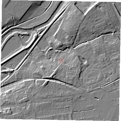 Shaded relief map of the ground around YO178AA, computed from Environment Agency LiDAR. The ground here sits at about 20 m above sea level and falls 9 m across the surrounding 800 m. Surface water reaching this point runs off ground lying to the south-south-west, 4.4 m higher.
