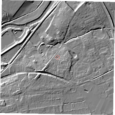 Shaded relief map of the ground around YO178AB, computed from Environment Agency LiDAR. The ground here sits at about 20 m above sea level and falls 9 m across the surrounding 800 m. Surface water reaching this point runs off ground lying to the south-west, 4.9 m higher.