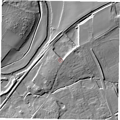 Shaded relief map of the ground around YO178AD, computed from Environment Agency LiDAR. The ground here sits at about 23 m above sea level and falls 12 m across the surrounding 800 m. Surface water reaching this point runs off ground lying to the east-north-east, 4.7 m higher.