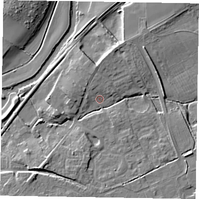 Shaded relief map of the ground around YO178AG, computed from Environment Agency LiDAR. The ground here sits at about 20 m above sea level and falls 10 m across the surrounding 800 m. Surface water reaching this point runs off ground lying to the north, 3.4 m higher.