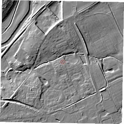 Shaded relief map of the ground around YO178AL, computed from Environment Agency LiDAR. The ground here sits at about 20 m above sea level and falls 9 m across the surrounding 800 m. Surface water reaching this point runs off ground lying to the north-north-east, 6.1 m higher.