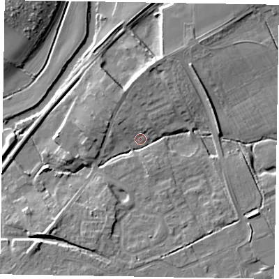 Shaded relief map of the ground around YO178AQ, computed from Environment Agency LiDAR. The ground here sits at about 20 m above sea level and falls 10 m across the surrounding 800 m. Surface water reaching this point runs off ground lying to the north-east, 6.2 m higher.