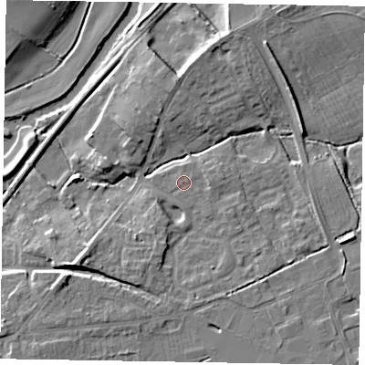 Shaded relief map of the ground around YO178AS, computed from Environment Agency LiDAR. The ground here sits at about 21 m above sea level and falls 9 m across the surrounding 800 m. Surface water reaching this point runs off ground lying to the east, 1.4 m higher.