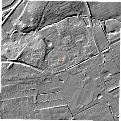 Shaded relief map of the ground around YO178BB, computed from Environment Agency LiDAR. The ground here sits at about 21 m above sea level and falls 9 m across the surrounding 800 m. Surface water reaching this point runs off ground lying to the south, 1.0 m higher.