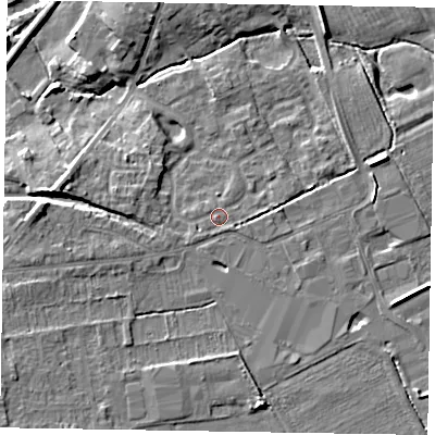 Shaded relief map of the ground around YO178BD, computed from Environment Agency LiDAR. The ground here sits at about 22 m above sea level and falls 9 m across the surrounding 800 m. Surface water reaching this point runs off ground lying to the south-west, 0.7 m higher.