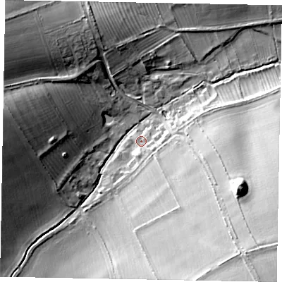 Shaded relief map of the ground around YO178BN, computed from Environment Agency LiDAR. The ground here sits at about 115 m above sea level and falls 30 m across the surrounding 800 m. Surface water reaching this point runs off ground lying to the south-east, 25.4 m higher.