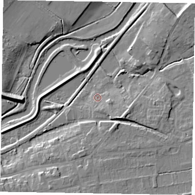 Shaded relief map of the ground around YO178BU, computed from Environment Agency LiDAR. The ground here sits at about 20 m above sea level and falls 9 m across the surrounding 800 m. Surface water reaching this point runs off ground lying to the south-east, 8.2 m higher.