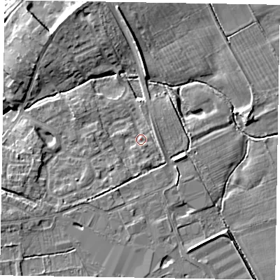 Shaded relief map of the ground around YO178BY, computed from Environment Agency LiDAR. The ground here sits at about 21 m above sea level and falls 9 m across the surrounding 800 m. Surface water reaching this point runs off ground lying to the south-south-east, 1.7 m higher.