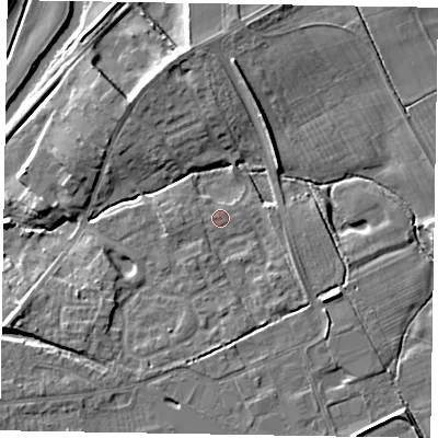 Shaded relief map of the ground around YO178BZ, computed from Environment Agency LiDAR. The ground here sits at about 21 m above sea level and falls 9 m across the surrounding 800 m. Surface water reaching this point runs off ground lying to the south-west, 3.6 m higher.
