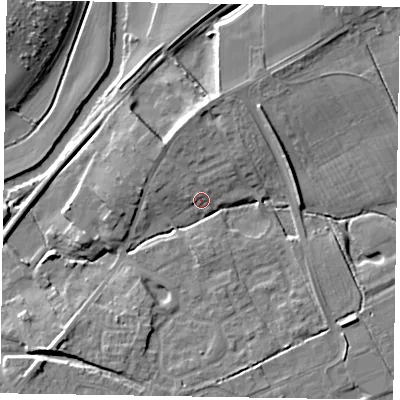 Shaded relief map of the ground around YO178DP, computed from Environment Agency LiDAR. The ground here sits at about 21 m above sea level and falls 10 m across the surrounding 800 m. Surface water reaching this point runs off ground lying to the north-north-east, 6.2 m higher.