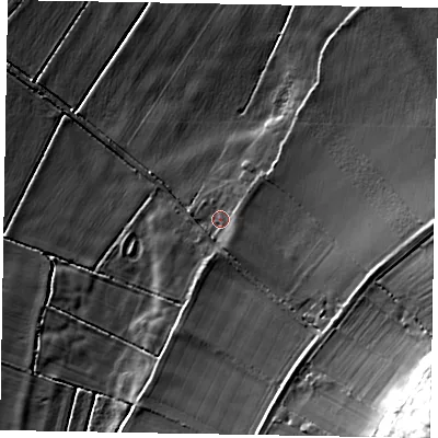 Shaded relief map of the ground around YO178EA, computed from Environment Agency LiDAR. The ground here sits at about 26 m above sea level and falls 35 m across the surrounding 800 m. Surface water reaching this point runs off ground lying to the south-east, 2.5 m higher.
