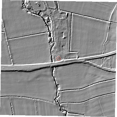 Shaded relief map of the ground around YO178ED, computed from Environment Agency LiDAR. The ground here sits at about 24 m above sea level and falls 7 m across the surrounding 800 m. Surface water reaching this point runs off ground lying to the south-south-west, 1.8 m higher.