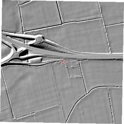 Shaded relief map of the ground around YO178EE, computed from Environment Agency LiDAR. The ground here sits at about 22 m above sea level and falls 9 m across the surrounding 800 m. Surface water reaching this point runs off ground lying to the north-east, 1.0 m higher.