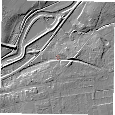 Shaded relief map of the ground around YO178EG, computed from Environment Agency LiDAR. The ground here sits at about 21 m above sea level and falls 10 m across the surrounding 800 m. Surface water reaching this point runs off ground lying to the east-south-east, 5.5 m higher.