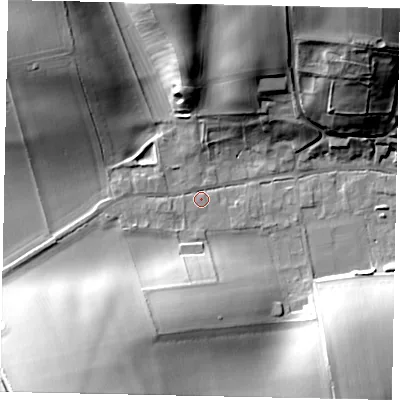 Shaded relief map of the ground around YO178EX, computed from Environment Agency LiDAR. The ground here sits at about 73 m above sea level and falls 35 m across the surrounding 800 m. Surface water reaching this point runs off ground lying to the north, 26.5 m higher.