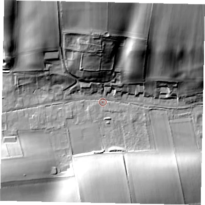 Shaded relief map of the ground around YO178EY, computed from Environment Agency LiDAR. The ground here sits at about 71 m above sea level and falls 47 m across the surrounding 800 m. Surface water reaching this point runs off ground lying to the north-north-east, 40.5 m higher.