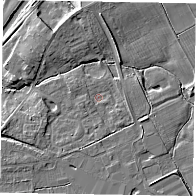 Shaded relief map of the ground around YO178FE, computed from Environment Agency LiDAR. The ground here sits at about 20 m above sea level and falls 9 m across the surrounding 800 m. Surface water reaching this point runs off ground lying to the south-west, 3.6 m higher.