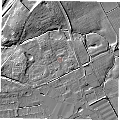 Shaded relief map of the ground around YO178FF, computed from Environment Agency LiDAR. The ground here sits at about 21 m above sea level and falls 9 m across the surrounding 800 m. Surface water reaching this point runs off ground lying to the west-south-west, 3.1 m higher.
