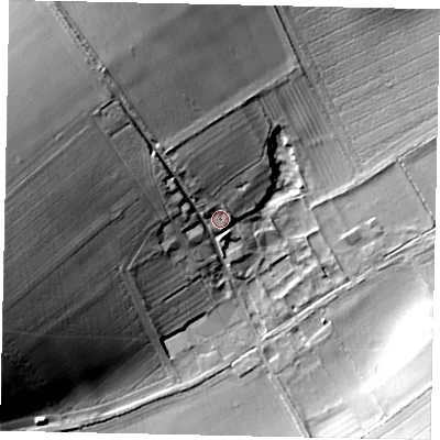 Shaded relief map of the ground around YO178HF, computed from Environment Agency LiDAR. The ground here sits at about 70 m above sea level and falls 32 m across the surrounding 800 m. Surface water reaching this point runs off ground lying to the north-west, 8.9 m higher.